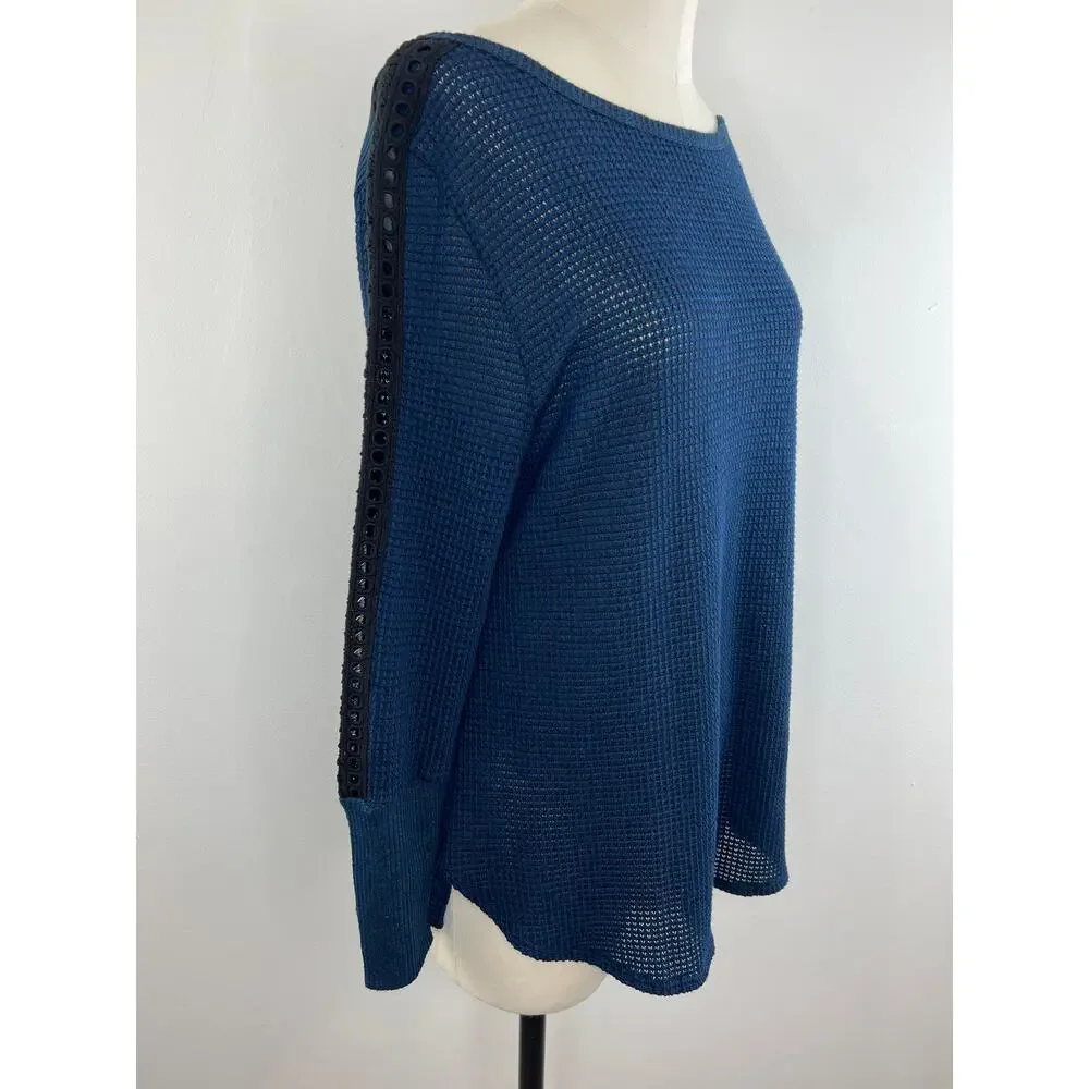 Soft Surrounding Bailey Sweater Blue Waffle Knit Lace Trim Petite Medium PM M